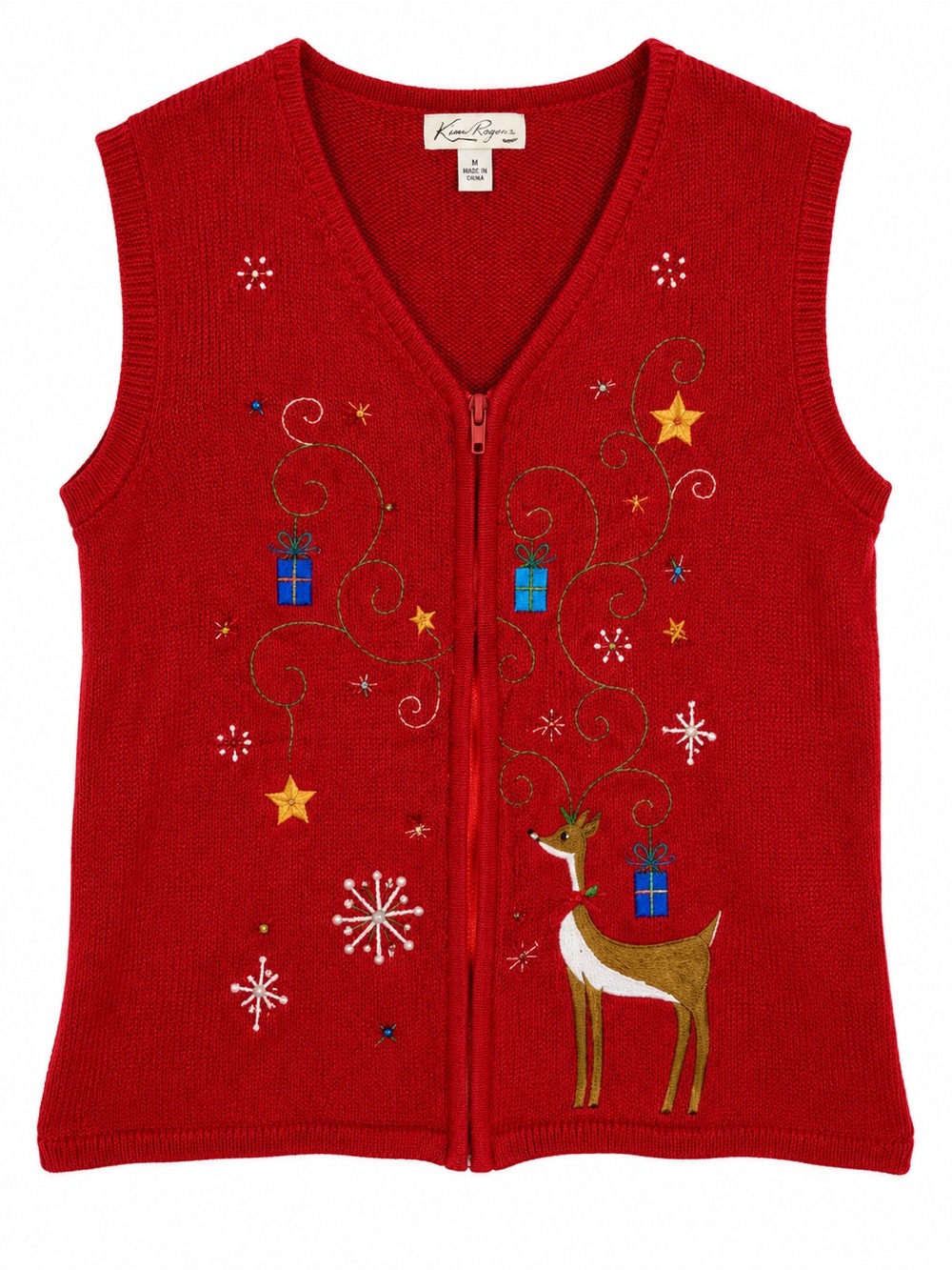 Kim Rogers Christmas Reindeer Embroidered Zip Front Sweater Vest Size Medium
